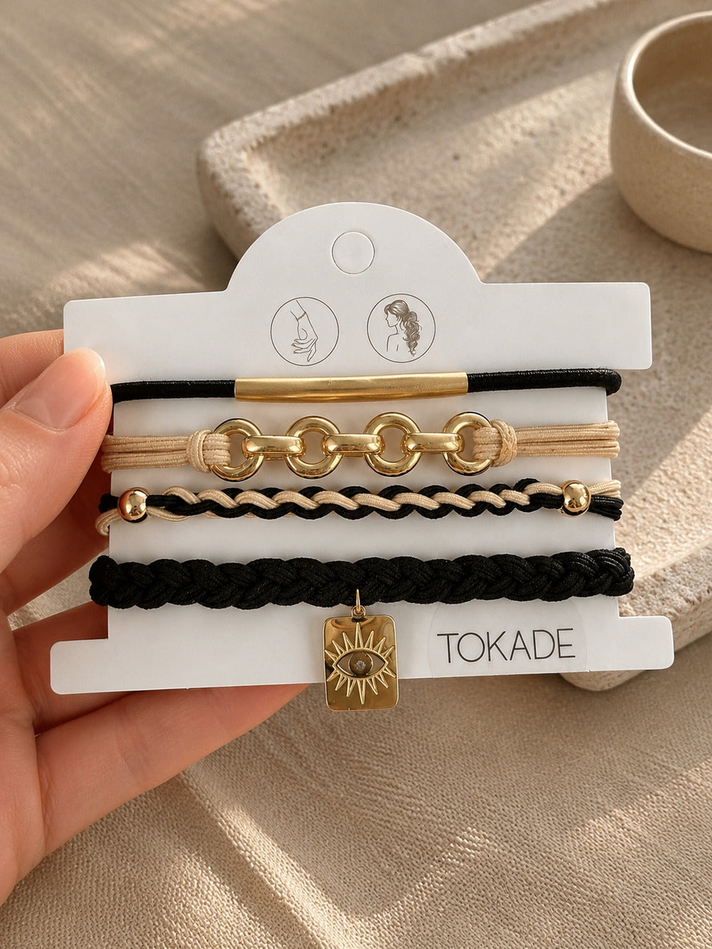 Lot de 4 Bracelet élastiques à cheveux noir gold de Tokade